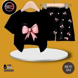 পিংক বো চেক ব্ল্যাক কটন সেট